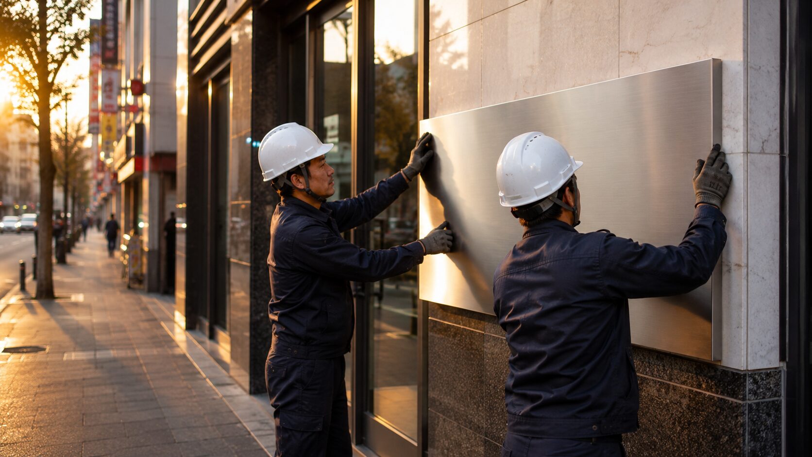 施工現場：サインパネルの取り付け作業
